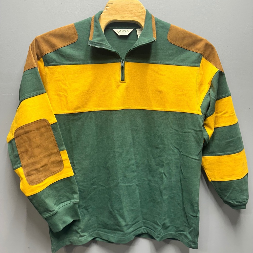 Orvis Mens Quarter Zip Pullover Green Yellow Colorblock Shooting Patches L